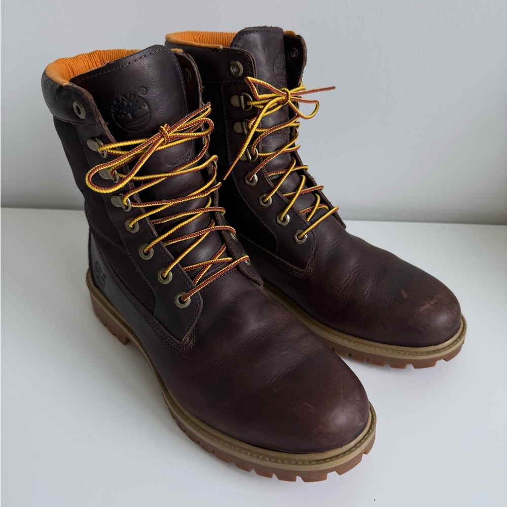 Timberland Dark Brown Leather Lace-Up Boots with Yellow Collar 10M